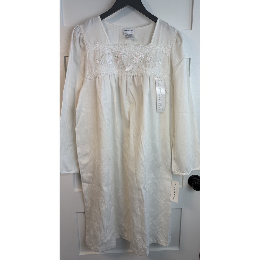 Miss Elaine White Long Sleeve Nightgown Women's M Pink Flower NWT #17414 Soft